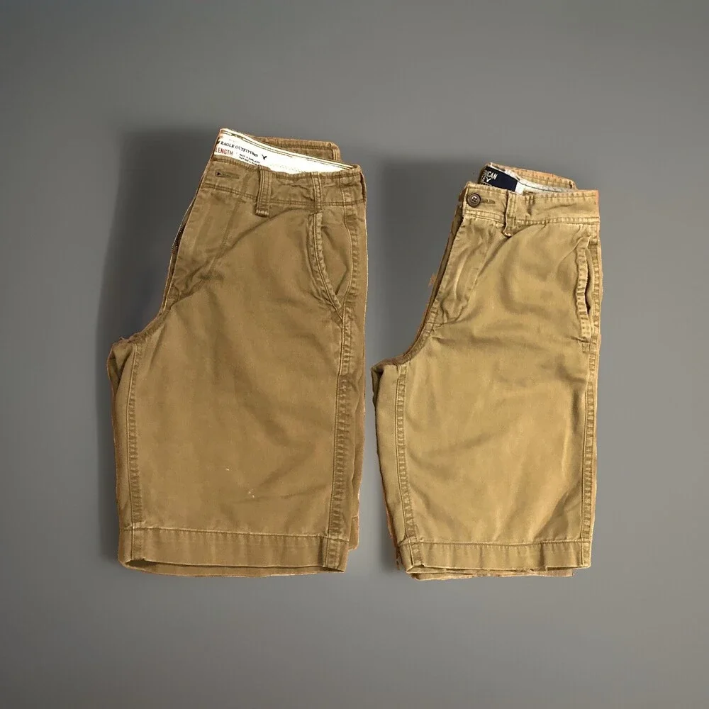 Lot Of 2 Mens American Eagle Dark Khaki Long Length Shorts Size 28 11” Inseam